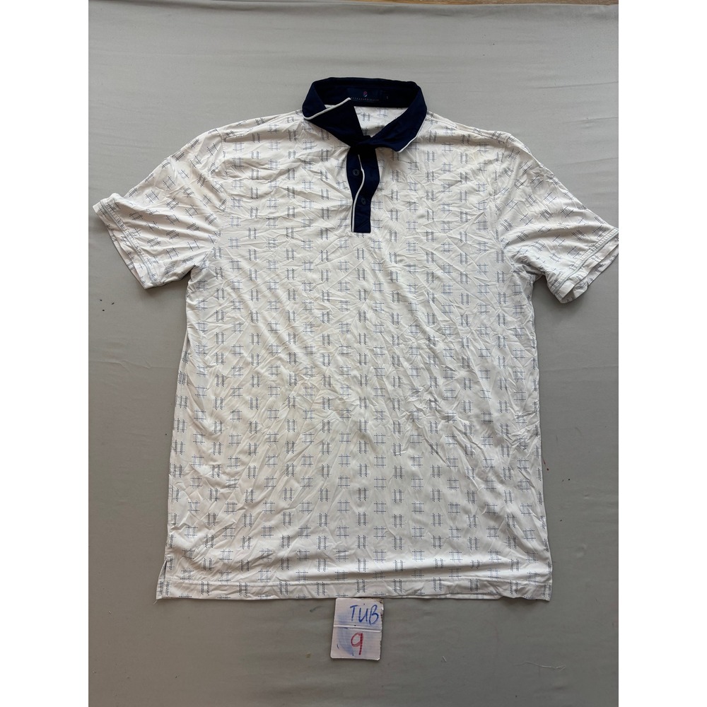 Extracurricular Mens White Navy Geometric Print Performance Golf Polo Shirt L
